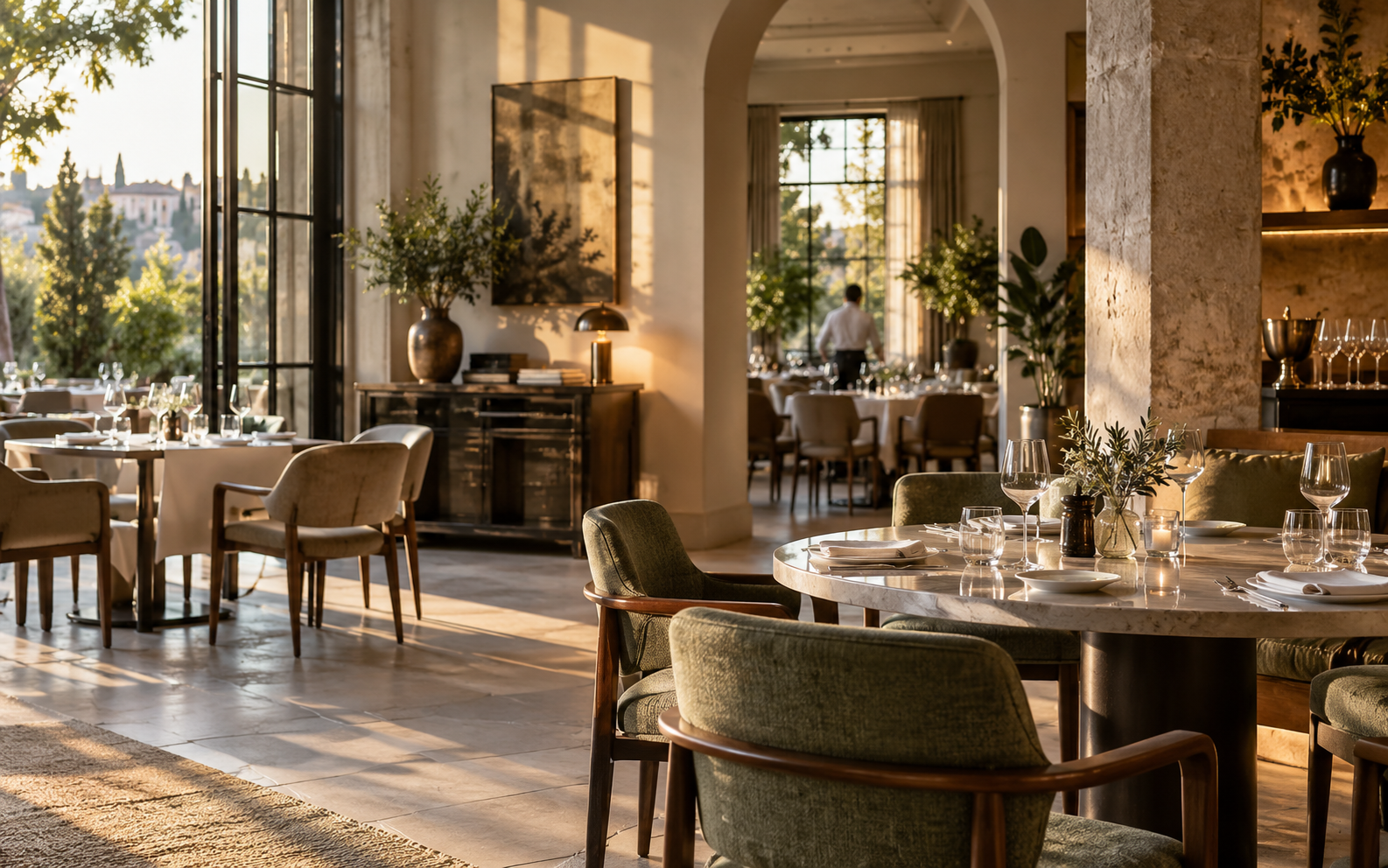 Sunlit elegant restaurant prepared for exceptional service